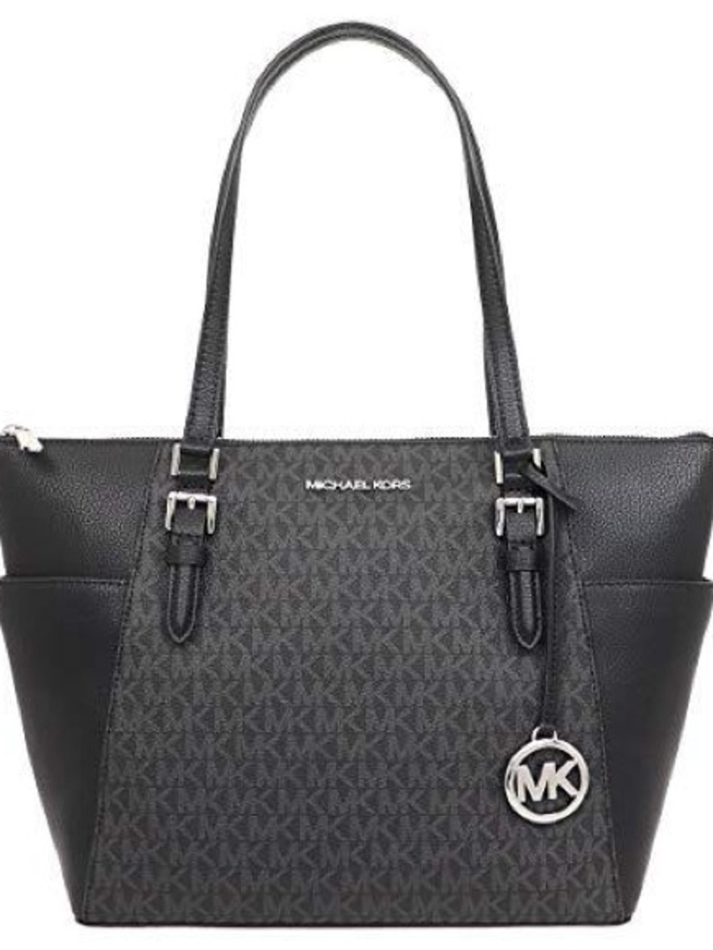 Michael Kors Charlotte Large Black Monogram Logo Top Zip Leather Tote Silver